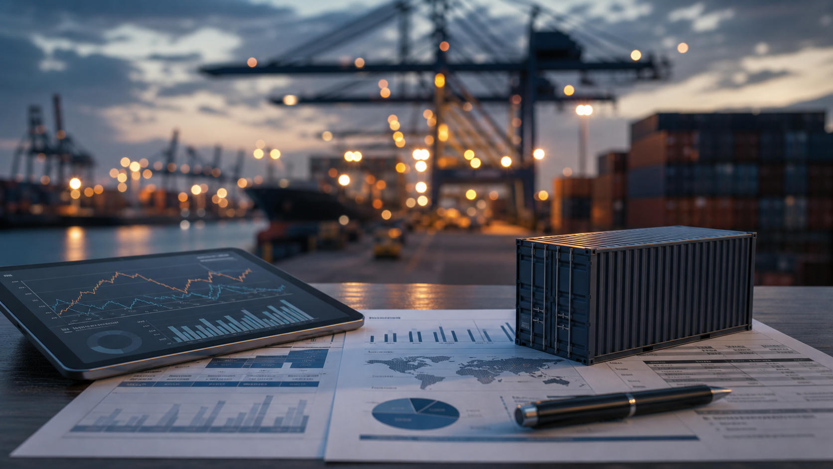 Container port and logistics objects representing supply chains, shipping and trade news