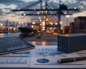 Container port and logistics objects representing supply chains, shipping and trade news