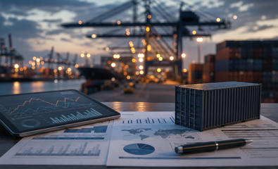 Container port and logistics objects representing supply chains, shipping and trade news