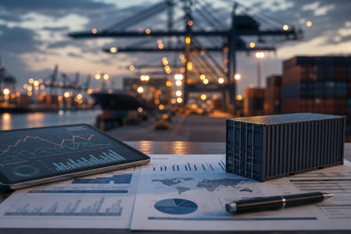 Container port and logistics objects representing supply chains, shipping and trade news