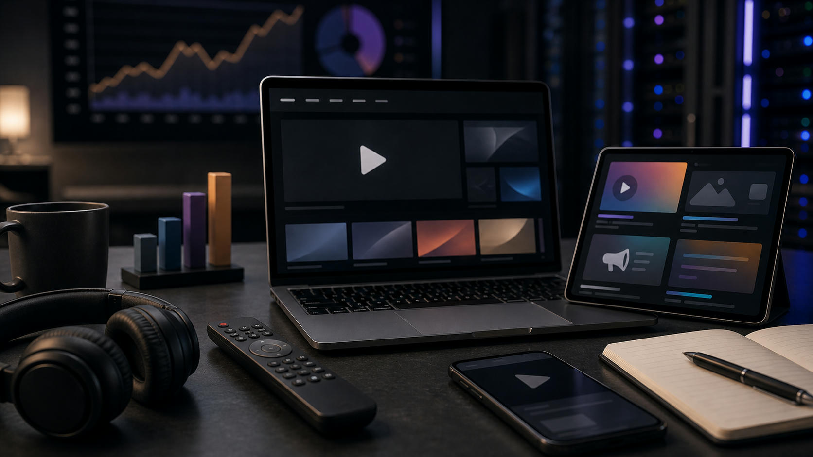 Unbranded digital media desk for streaming, advertising tiers, subscriptions and viewer metrics