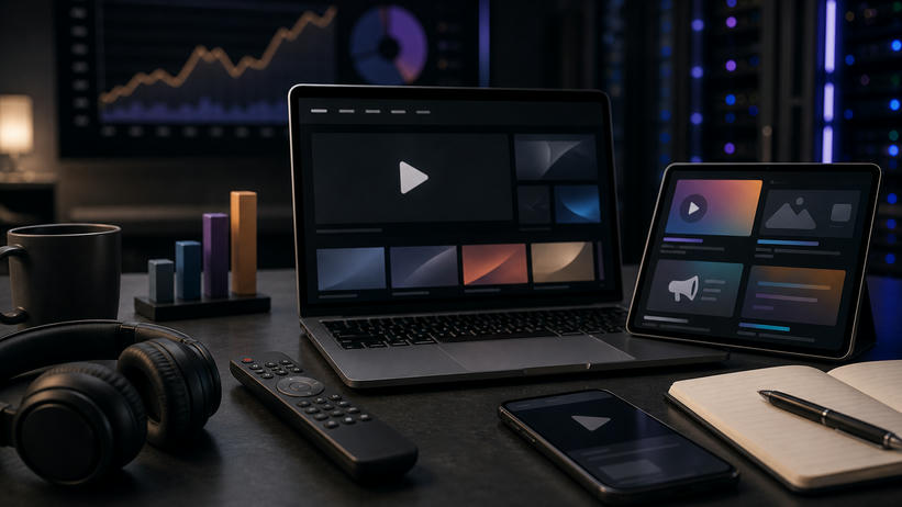 Unbranded digital media desk for streaming, advertising tiers, subscriptions and viewer metrics