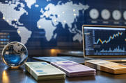 Global finance objects representing currencies, international markets and economic news