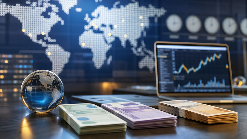 Global finance objects representing currencies, international markets and economic news