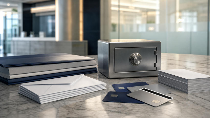 Unbranded banking objects and secure documents in a modern financial interior