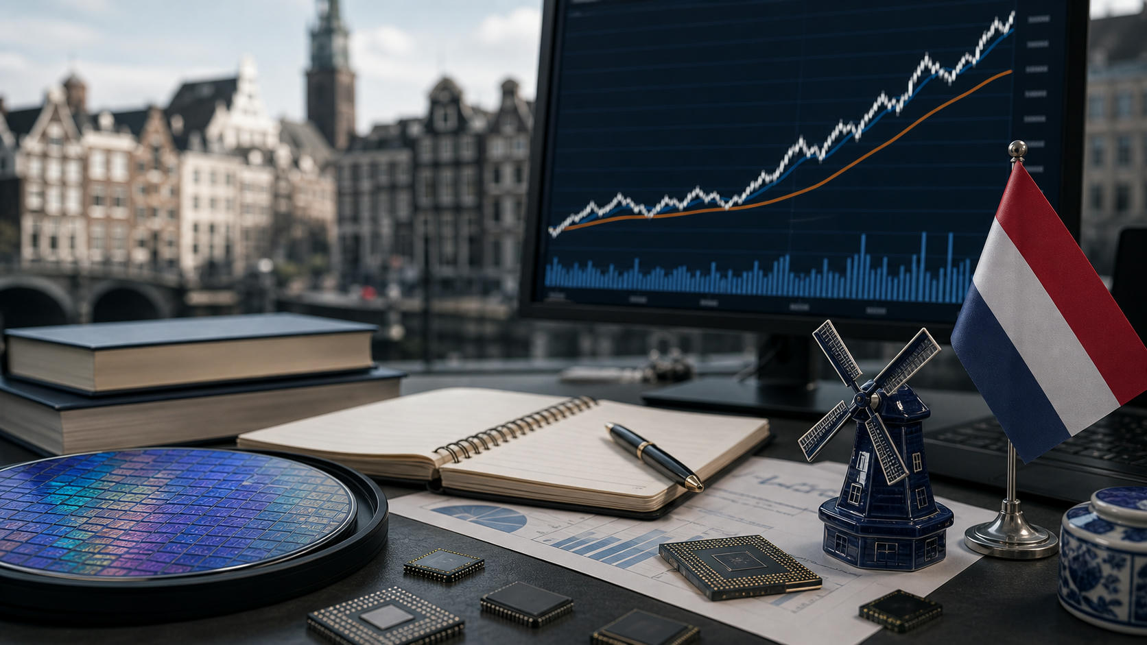 Generic equity-index desk with analyst notes and semiconductor components for market rally and target-change news