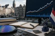 Generic equity-index desk with analyst notes and semiconductor components for market rally and target-change news