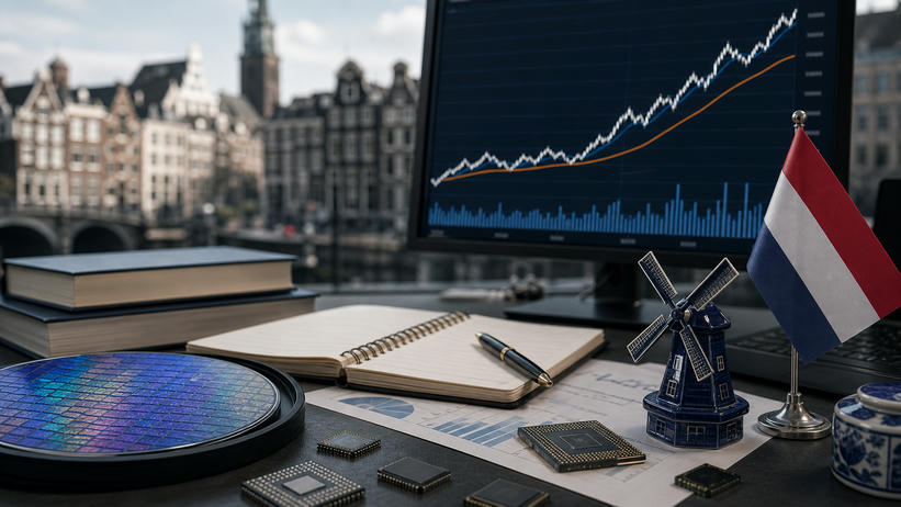 Generic equity-index desk with analyst notes and semiconductor components for market rally and target-change news