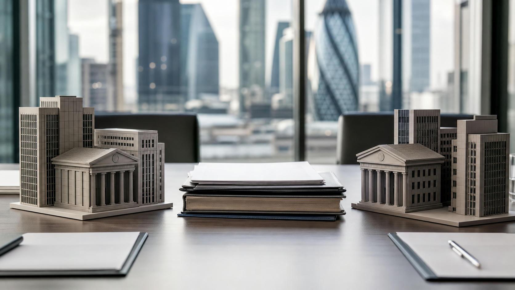 Neutral boardroom finance objects for bank mergers, takeover bids, strategic stakes and consolidation news