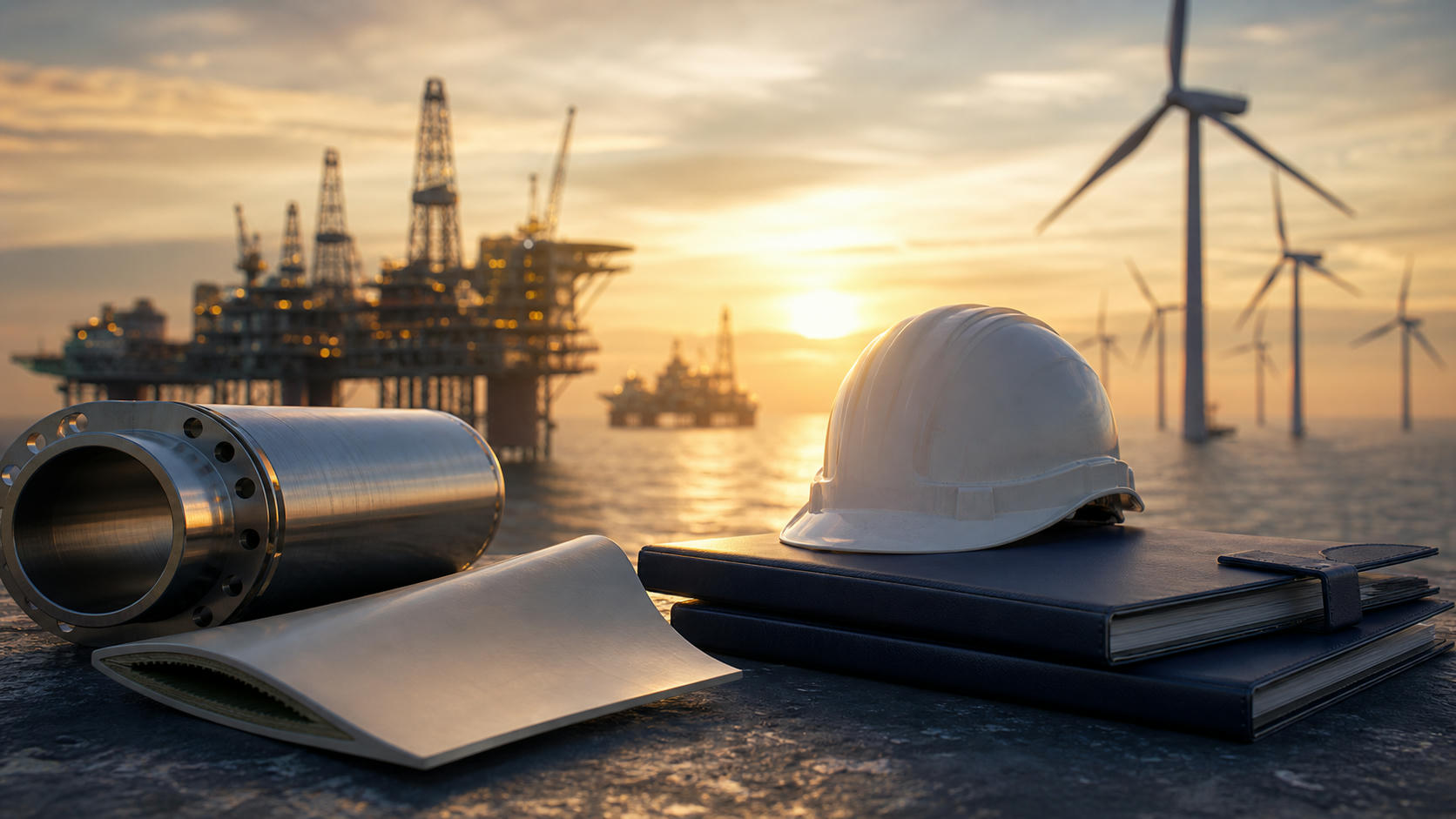 Unbranded energy infrastructure materials representing oil, gas, renewables and energy earnings