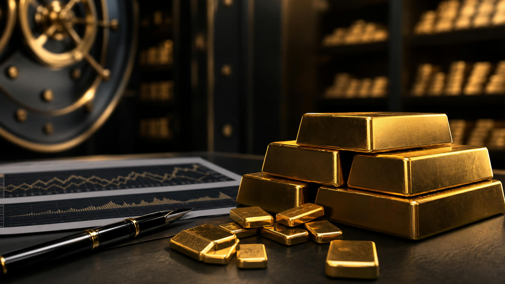 Unbranded gold bars and precious metal objects for commodities and safe-haven asset news