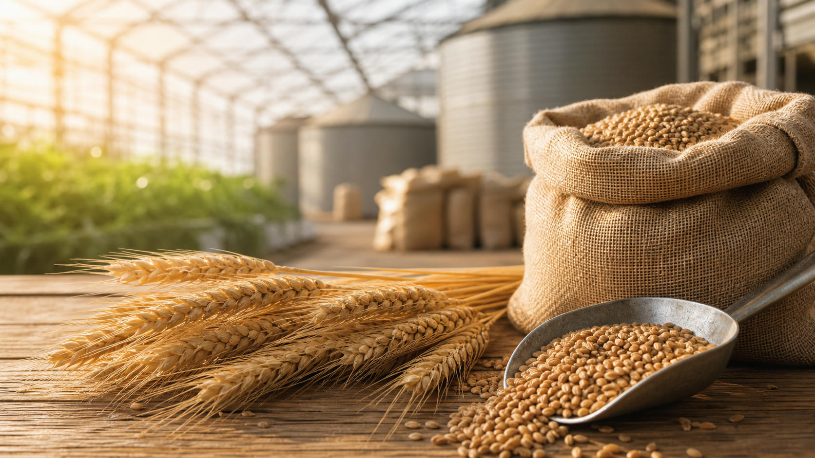 Wheat and unbranded agricultural materials arranged for food price and crop market news