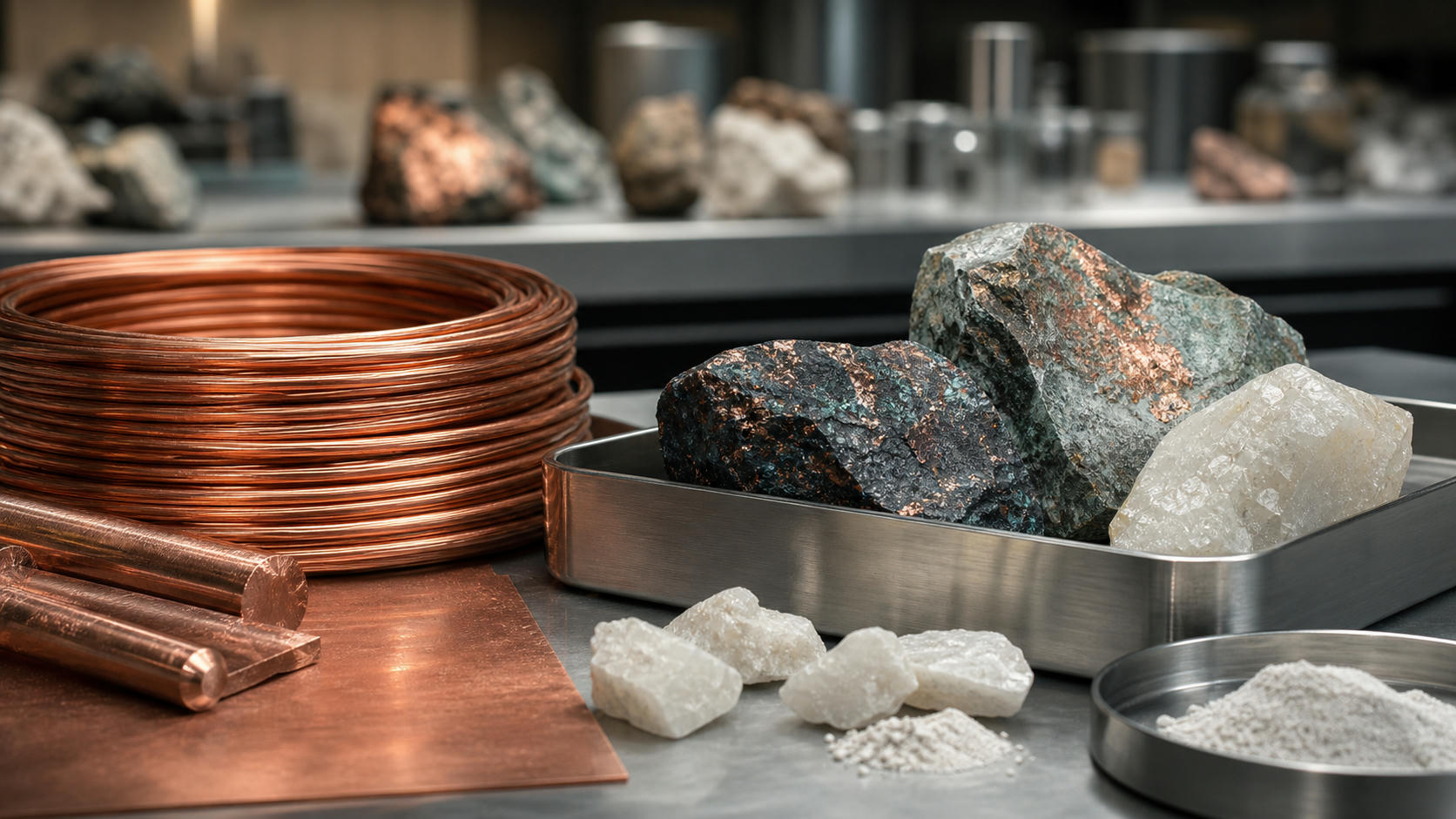 Copper coils and mineral samples for mining, metals and industrial commodities news