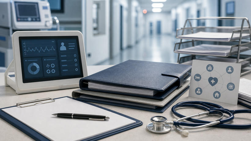 Hospital administration and remote care technology still life for healthcare service contract and tender news