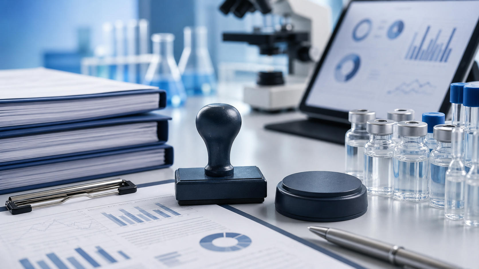 Clean regulatory lab desk for pharma approvals, panel decisions, warning letters and clinical evidence news