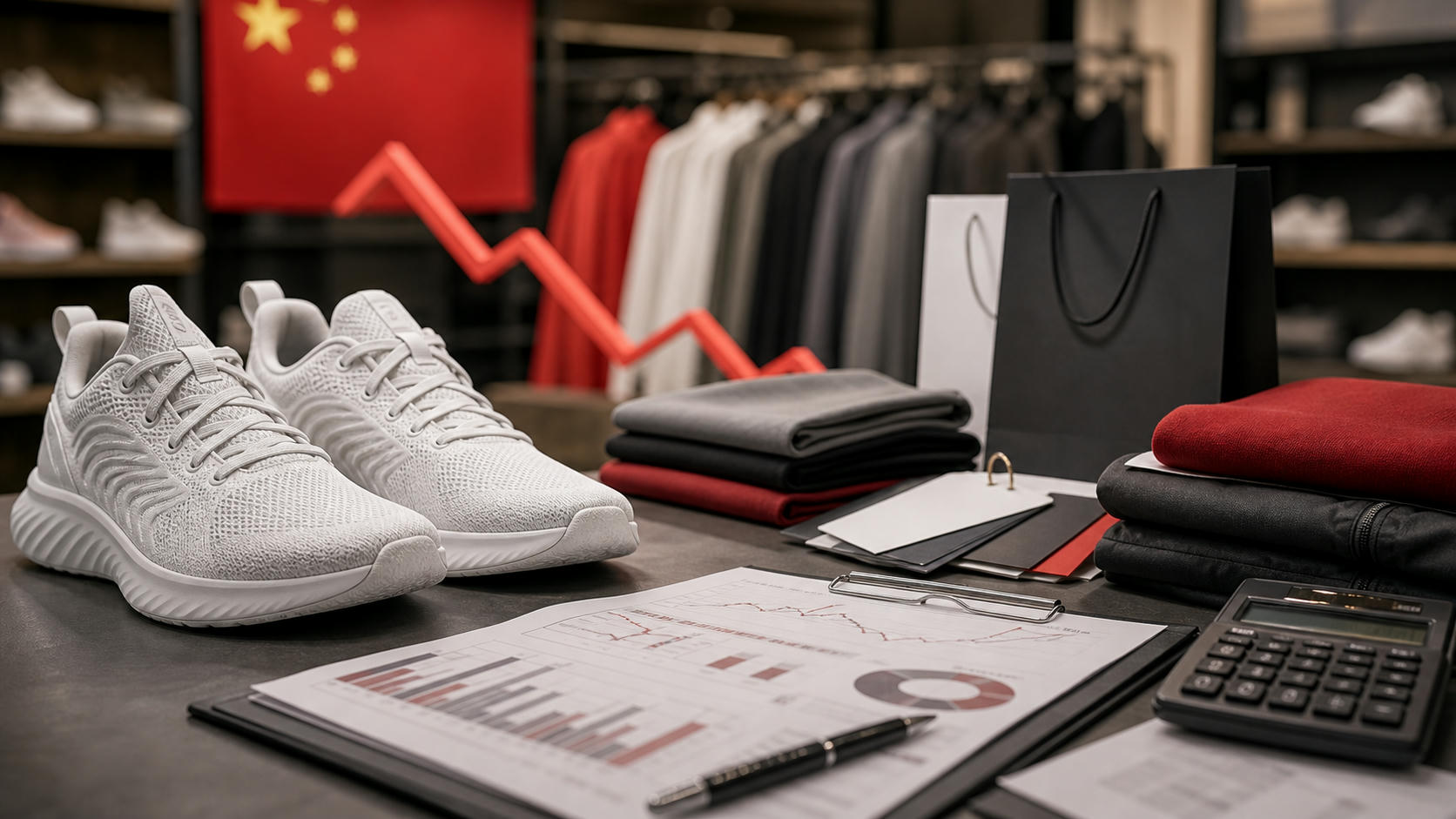 Unbranded sportswear retail display and financial materials for consumer brand revenue-pressure news