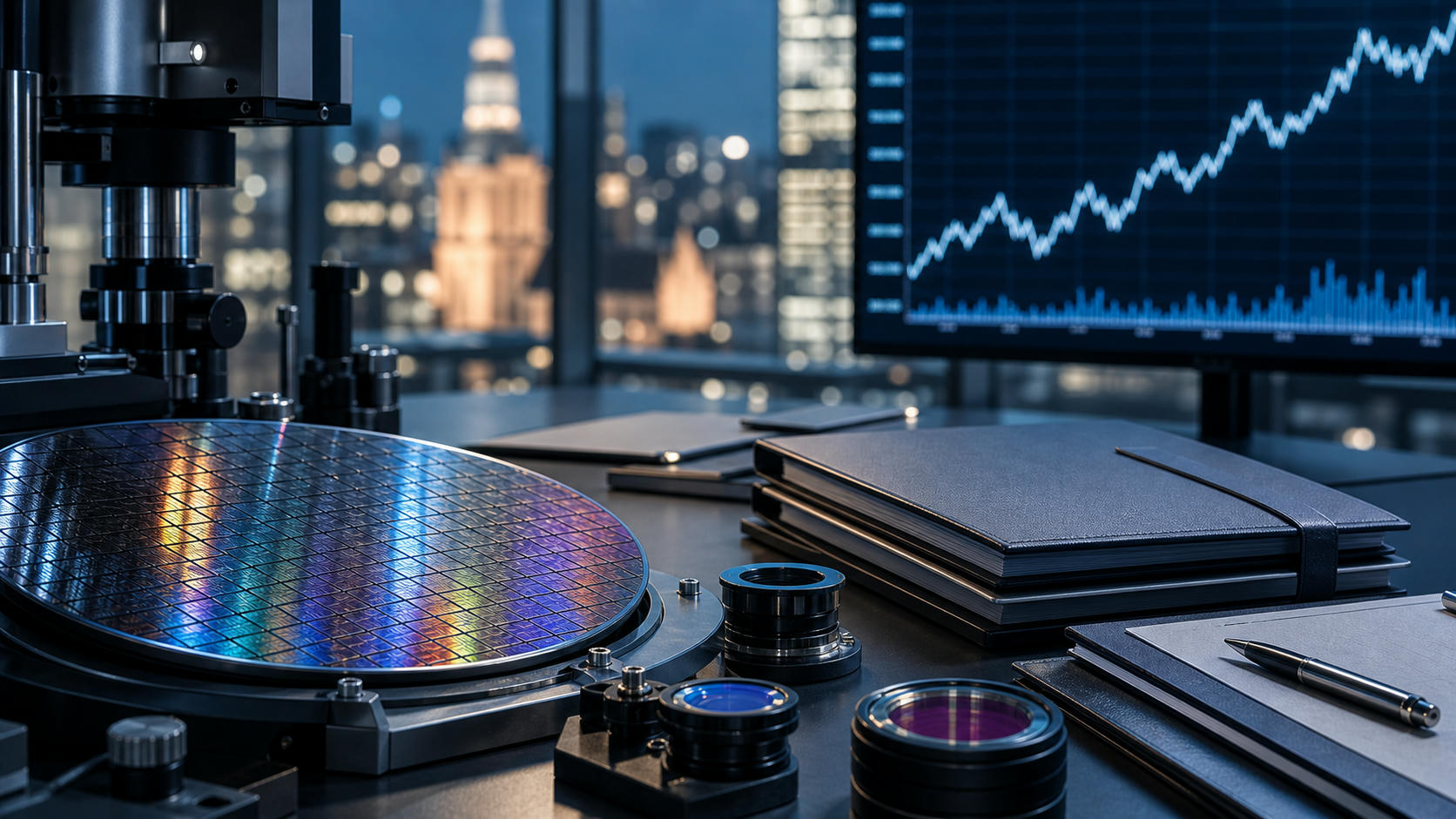 Semiconductor wafer and optical equipment beside abstract market charts for chip-equipment rally news