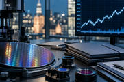 Semiconductor wafer and optical equipment beside abstract market charts for chip-equipment rally news