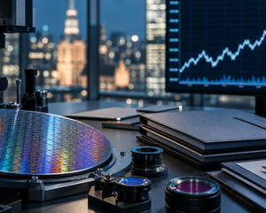 Semiconductor wafer and optical equipment beside abstract market charts for chip-equipment rally news