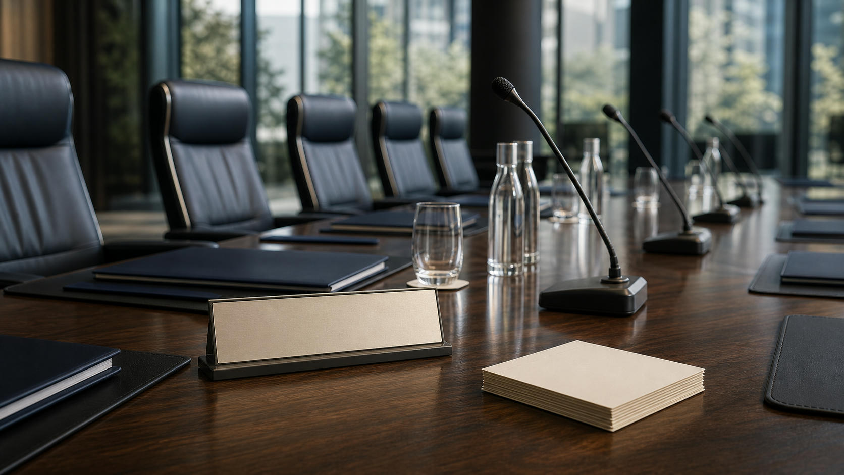 Empty conference room and governance materials for CEO transitions and shareholder meetings