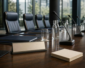 Empty conference room and governance materials for CEO transitions and shareholder meetings