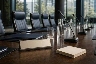 Empty conference room and governance materials for CEO transitions and shareholder meetings