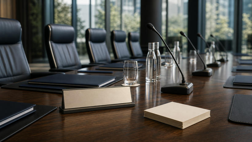 Empty conference room and governance materials for CEO transitions and shareholder meetings