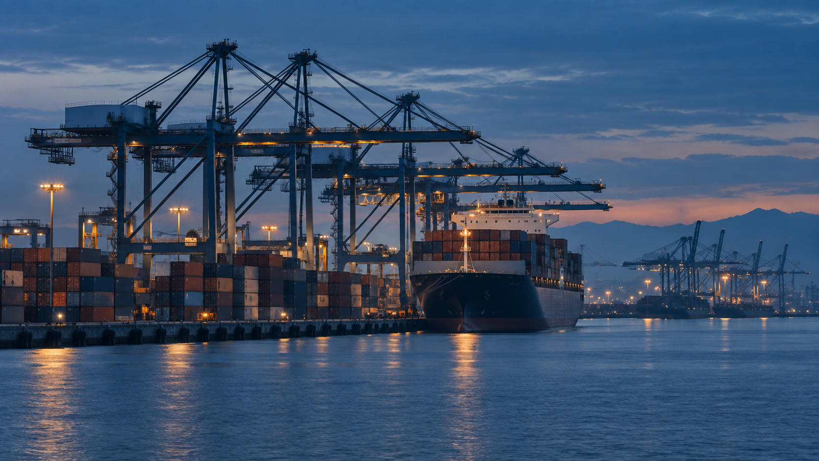 Synthetic editorial illustration. Cargo vessel, containers, and gantry cranes at an unbranded port at blue hour.