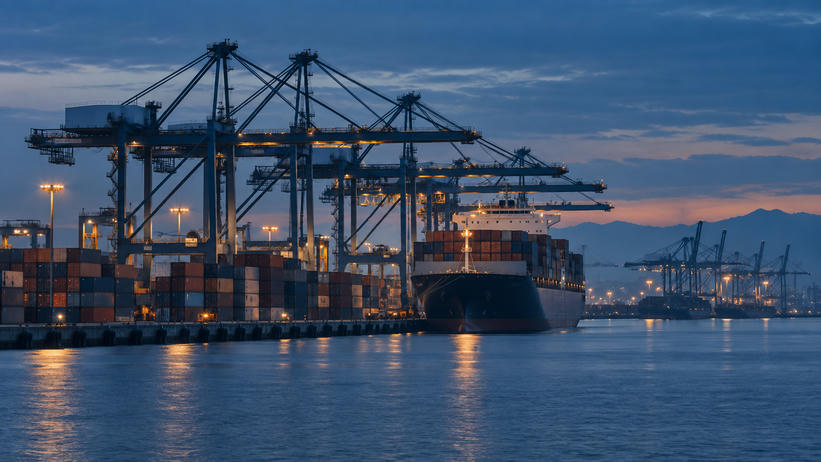 Synthetic editorial illustration. Cargo vessel, containers, and gantry cranes at an unbranded port at blue hour.