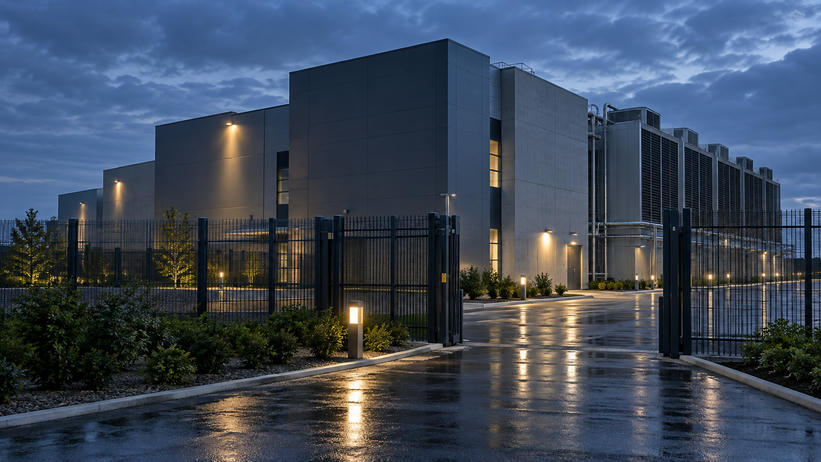 Synthetic editorial illustration. Unbranded data-centre exterior with cooling infrastructure and secure perimeter for cybersecurity news.