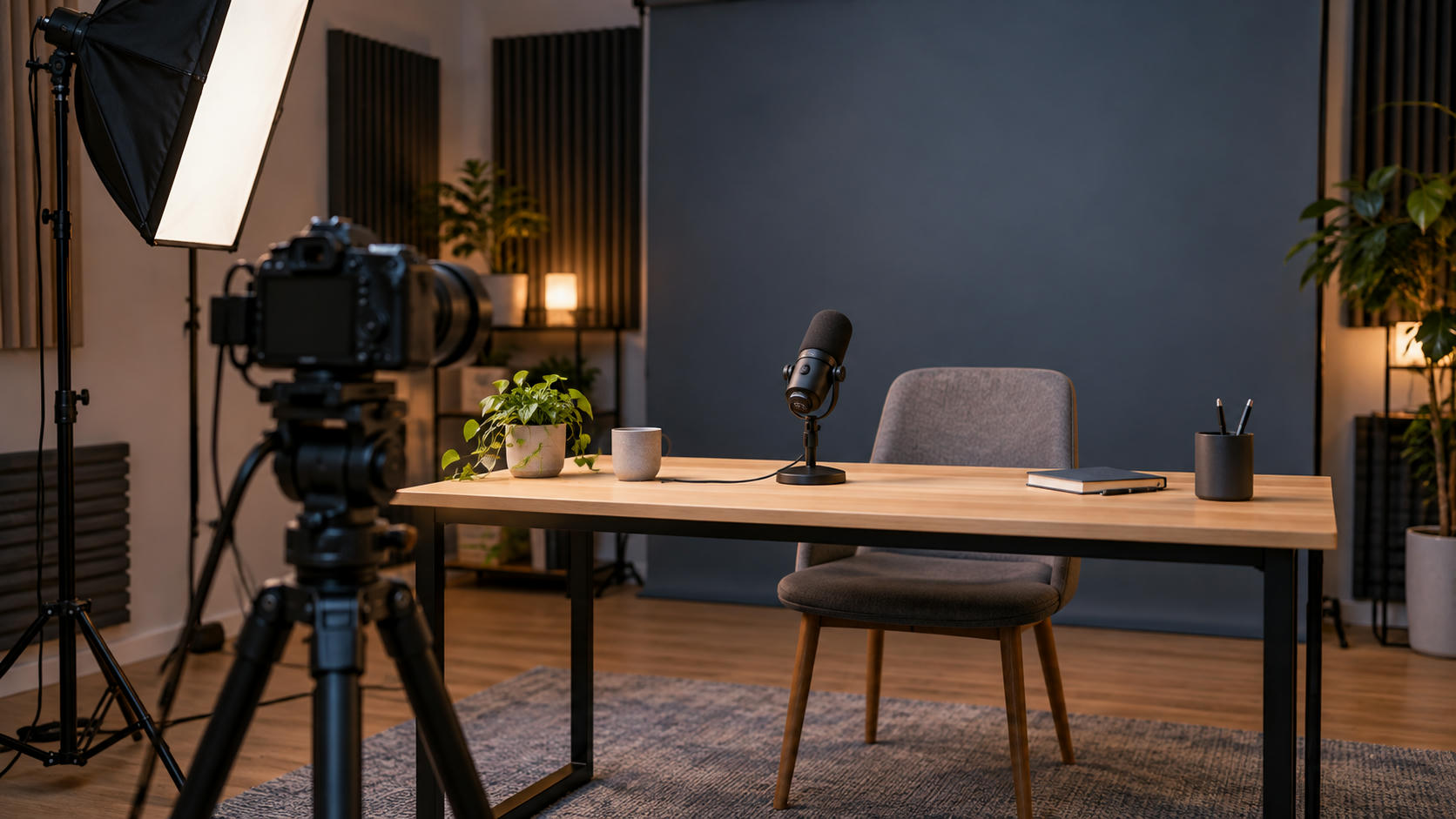 Synthetische illustratie van een merkloze videostudio voor online makers; geen echte YouTube-locatie of interface.