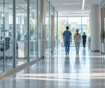 Synthetic editorial illustration. Bright unbranded hospital research corridor with medical staff seen from behind for healthcare and biotech news.