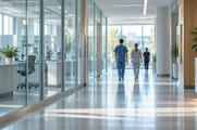 Synthetic editorial illustration. Bright unbranded hospital research corridor with medical staff seen from behind for healthcare and biotech news.