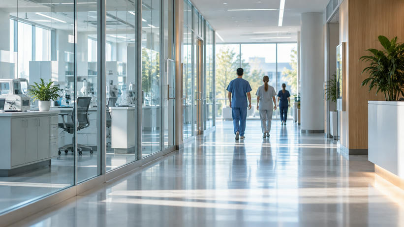 Synthetic editorial illustration. Bright unbranded hospital research corridor with medical staff seen from behind for healthcare and biotech news.