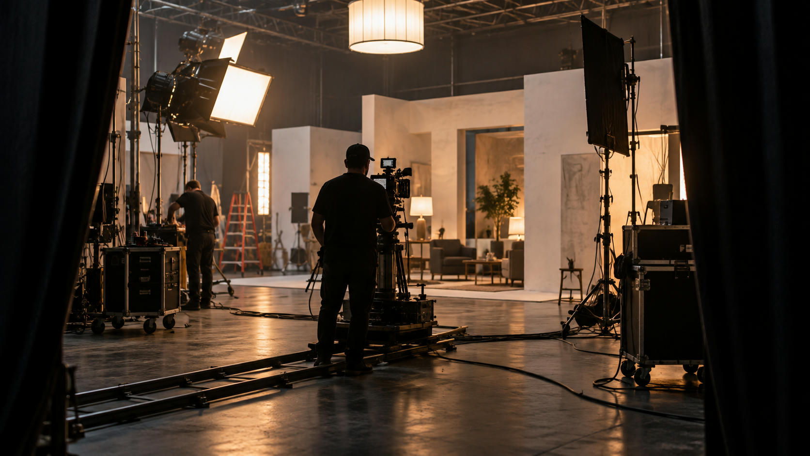 Synthetic editorial illustration. Unbranded television and film production stage with studio lighting for media and streaming news.