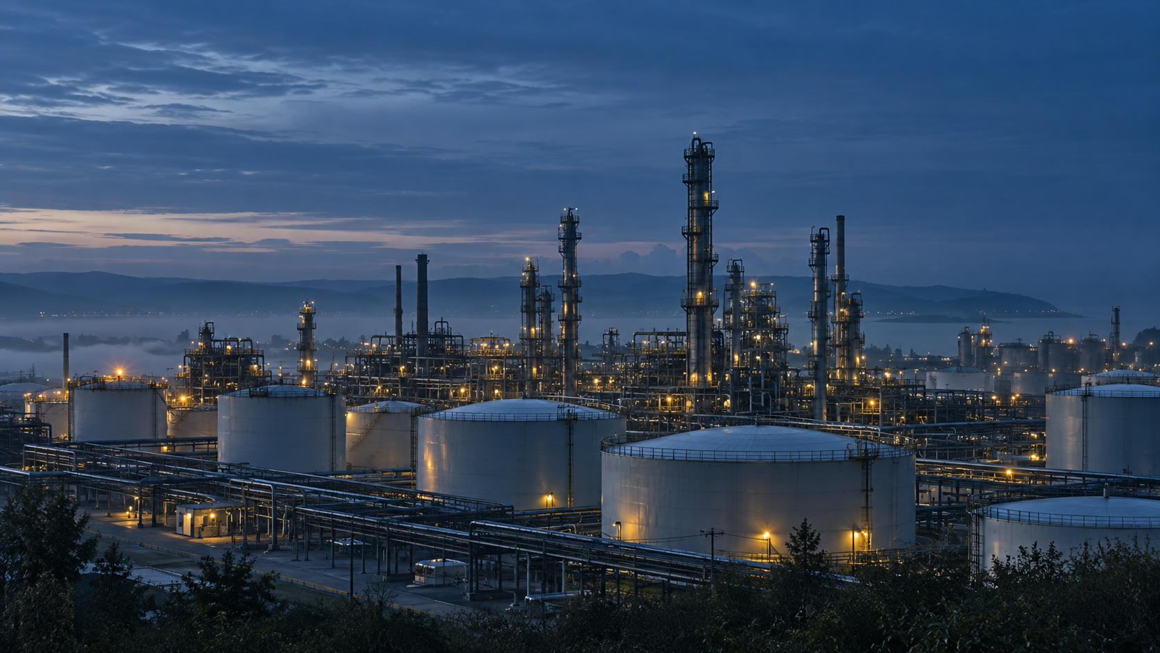 Synthetic editorial illustration. Unbranded refinery storage tanks and distillation columns at blue-hour dawn for energy-market news.