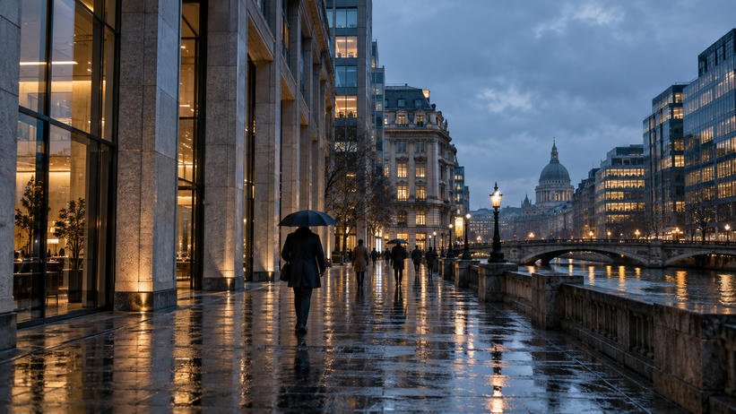 Synthetic editorial illustration. Rain-washed European financial district at blue hour with distant pedestrians and illuminated office buildings.