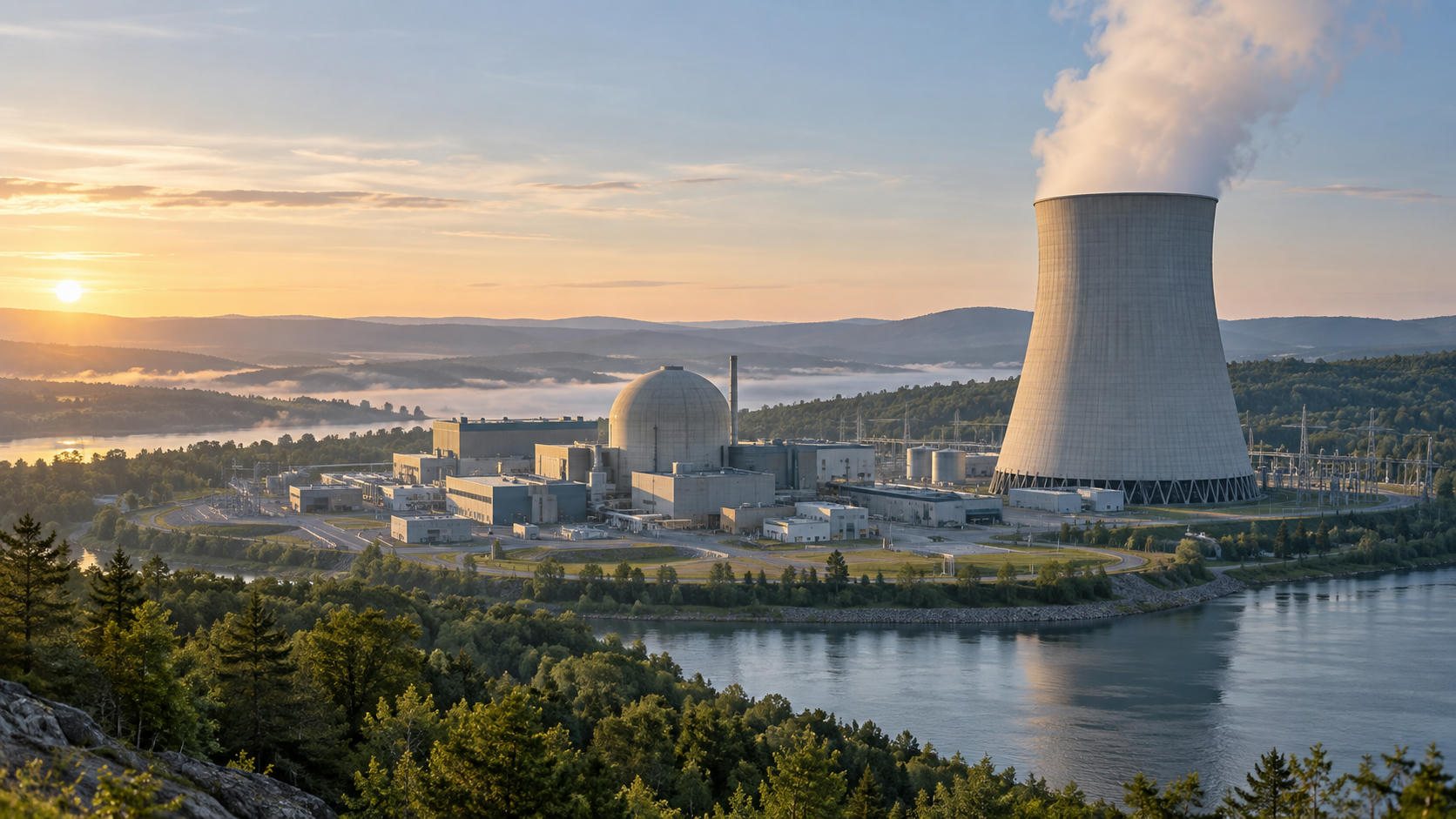 Synthetische illustratie van generieke kernenergie-infrastructuur; geen echte centrale of Westinghouse-installatie.