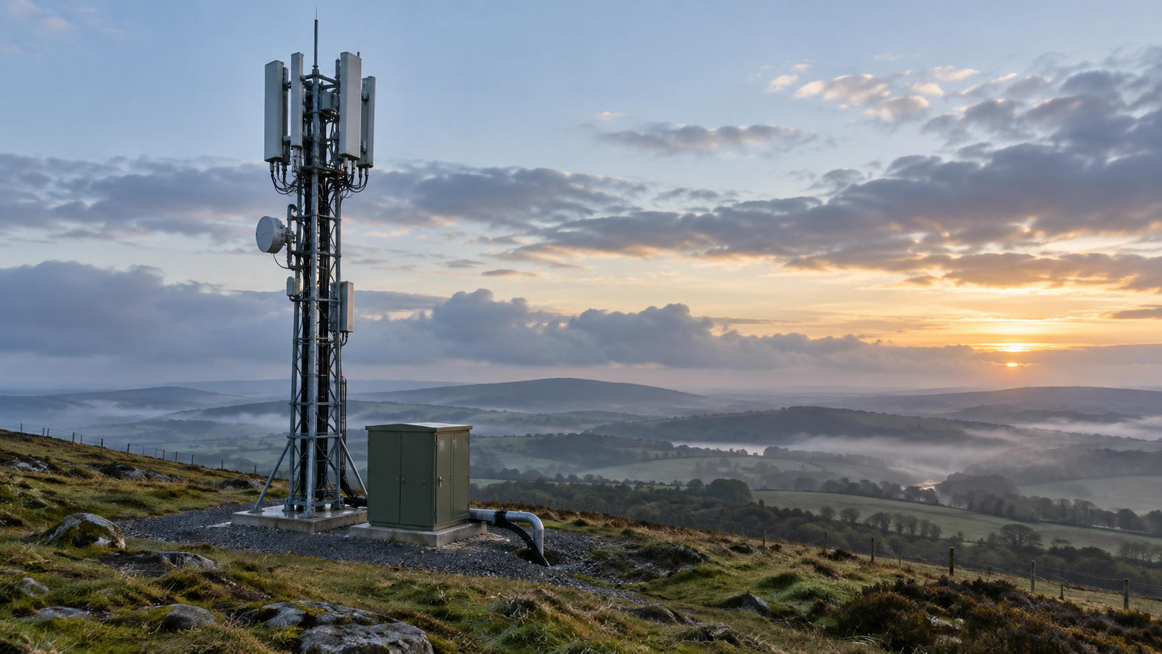 Synthetic editorial illustration. Unbranded cellular relay mast above a misty rural landscape for telecom and connectivity news.