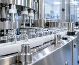 Synthetic editorial illustration. Unbranded clear glass vials moving through a pharmaceutical fill-and-finish facility.
