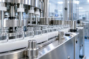 Synthetic editorial illustration. Unbranded clear glass vials moving through a pharmaceutical fill-and-finish facility.