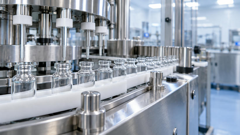 Synthetic editorial illustration. Unbranded clear glass vials moving through a pharmaceutical fill-and-finish facility.