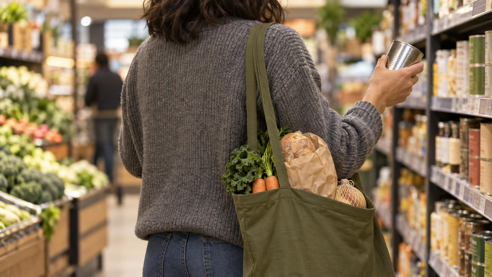 Synthetic editorial illustration. Anonymous shopper choosing an unbranded tin beside a reusable bag of staple groceries for consumer-inflation news.