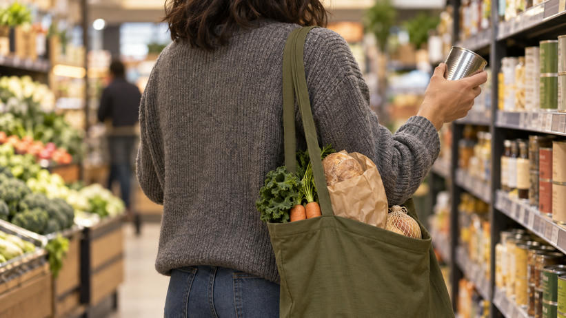 Synthetic editorial illustration. Anonymous shopper choosing an unbranded tin beside a reusable bag of staple groceries for consumer-inflation news.