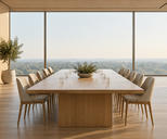 Synthetic editorial illustration. Empty unbranded boardroom with a long oak table and soft treeline beyond its windows for governance and transaction news.