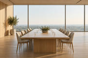 Synthetic editorial illustration. Empty unbranded boardroom with a long oak table and soft treeline beyond its windows for governance and transaction news.
