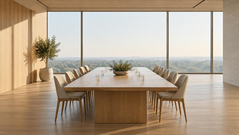 Synthetic editorial illustration. Empty unbranded boardroom with a long oak table and soft treeline beyond its windows for governance and transaction news.
