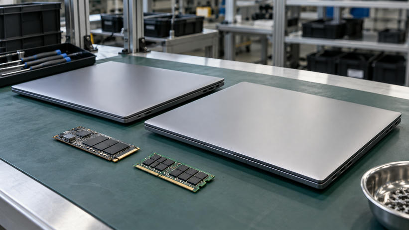 Synthetische illustratie van merkloze laptopassemblage en geheugenhardware; geen foto van een Googlebook of MacBook.