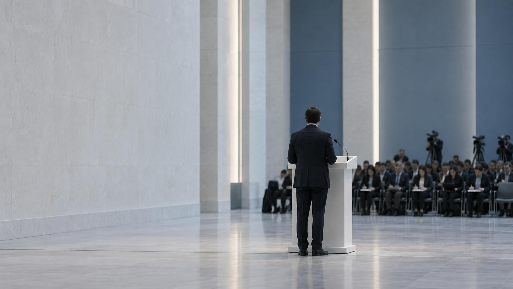 Synthetic editorial illustration. Anonymous speaker viewed from behind at a blank lectern in an unbranded policy briefing room.