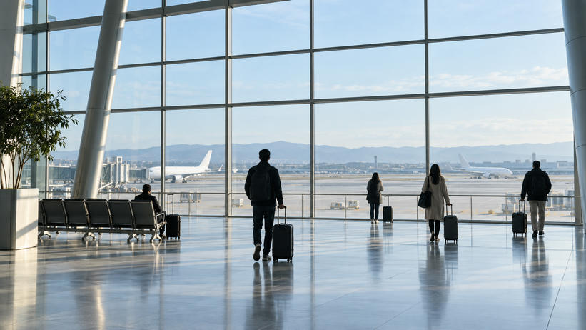 Synthetic editorial illustration. Unbranded airport terminal with blank aircraft silhouettes beyond the glass for travel, tourism and airline news.